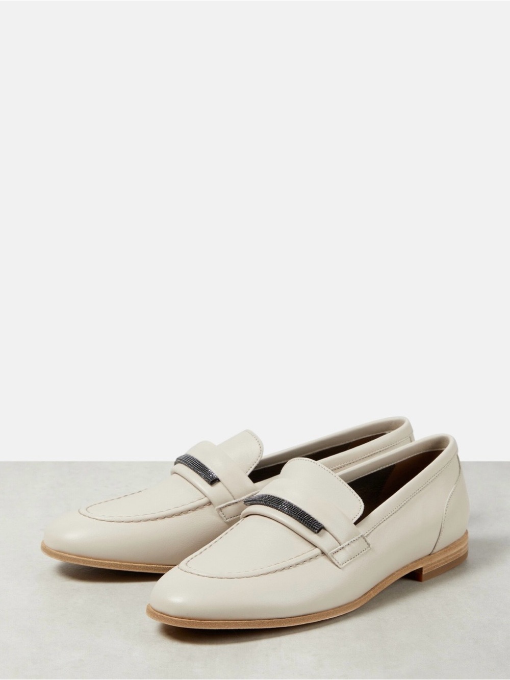 Brunello Cucinelli Cream Leather Slip-On Loafers with Dark Metallic Detail